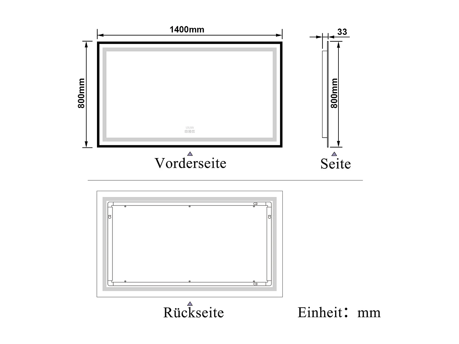 AICA LED Badspiegel Rechteck 140x80cm Beschlagfrei Bluetooth Uhr 3 Lichtfarbe Dimmbar - Schwarzem Rahmen