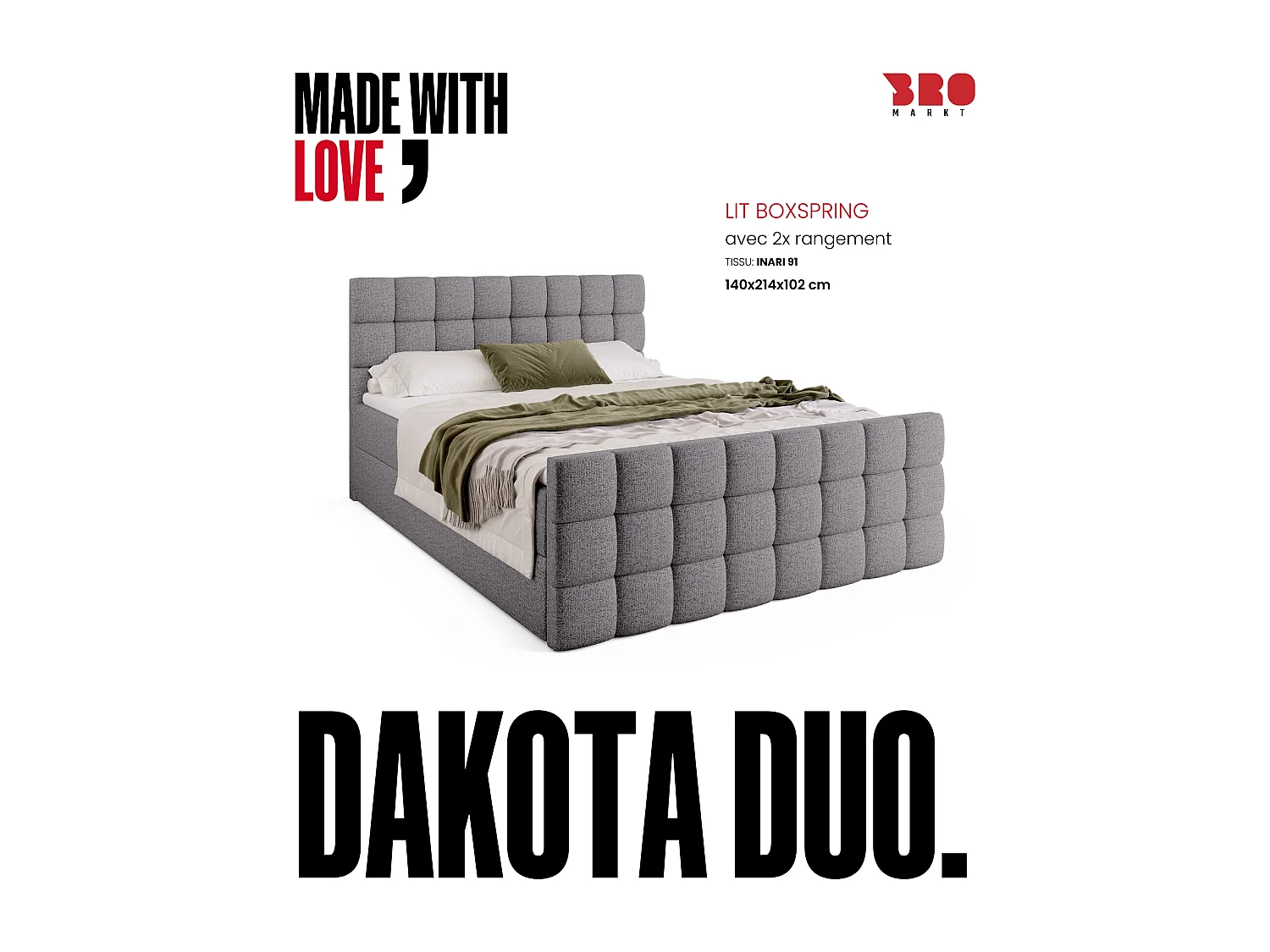 Lit boxspring avec rangement DAKOTA DUO - matelas - surmatelas - gris clair - 140x200 cm