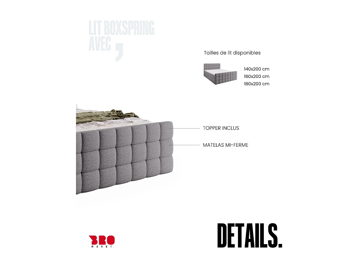 Lit boxspring avec rangement DAKOTA DUO - matelas - surmatelas - gris clair - 140x200 cm