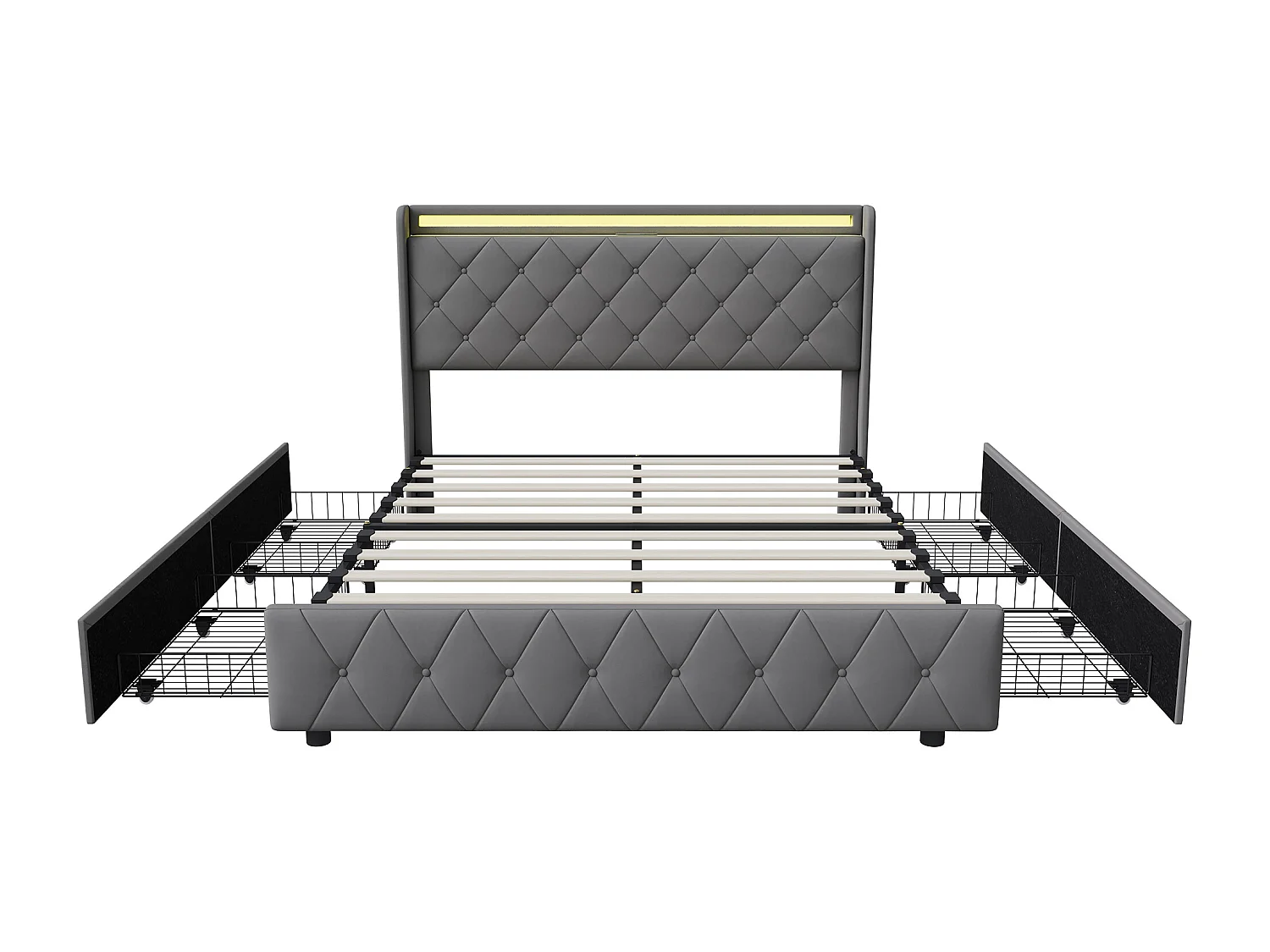 Łóżko 140x200 cm z 4 szufladami, oświetleniem LED, szafkami nocnymi ze schowkiem, otwartymi przegrodami, podstawą z listew, ładowarkami USB i typu C - Szare