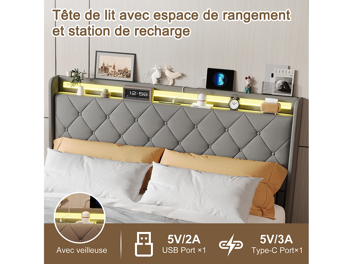 Bett (160 x 200 cm) mit 4 Schubladen, LED-Beleuchtung, Nachttischen mit Stauraum, offenen Fächern, Lattenrost, USB- und Typ-C-Anschlüssen – Grau