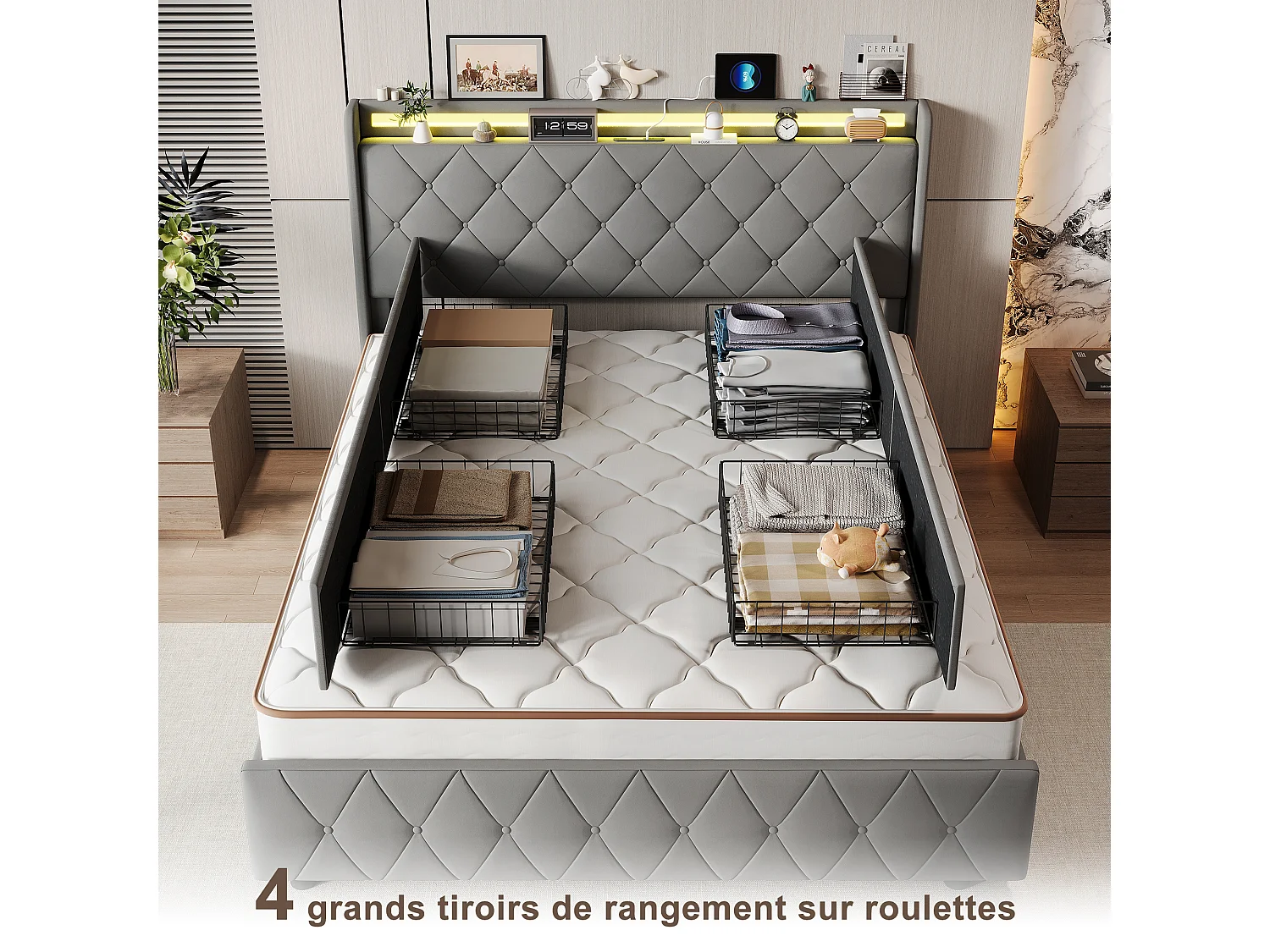 Bett (160 x 200 cm) mit 4 Schubladen, LED-Beleuchtung, Nachttischen mit Stauraum, offenen Fächern, Lattenrost, USB- und Typ-C-Anschlüssen – Grau