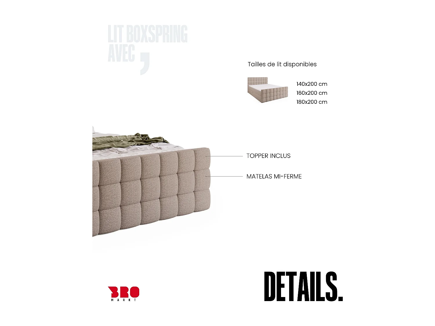Lit boxspring avec rangement DAKOTA DUO - matelas - surmatelas - beige clair - 140x200 cm