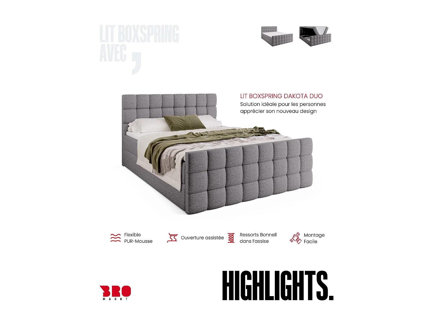 Lit boxspring avec rangement DAKOTA DUO - matelas - surmatelas - gris clair - 180x200 cm