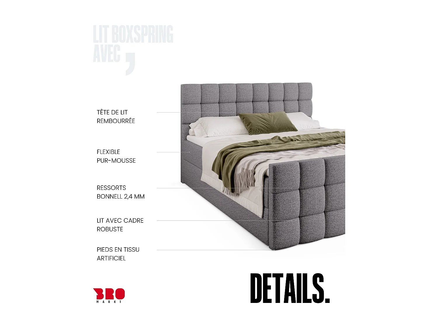 Lit boxspring avec rangement DAKOTA DUO - matelas - surmatelas - gris clair - 180x200 cm