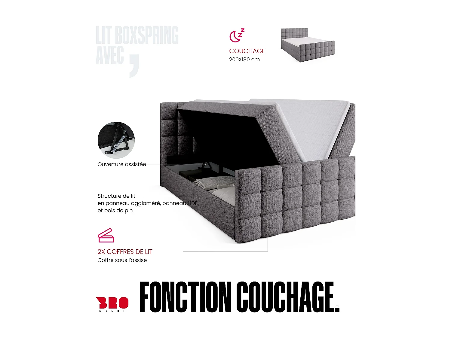 Lit boxspring avec rangement DAKOTA DUO - matelas - surmatelas - gris clair - 180x200 cm