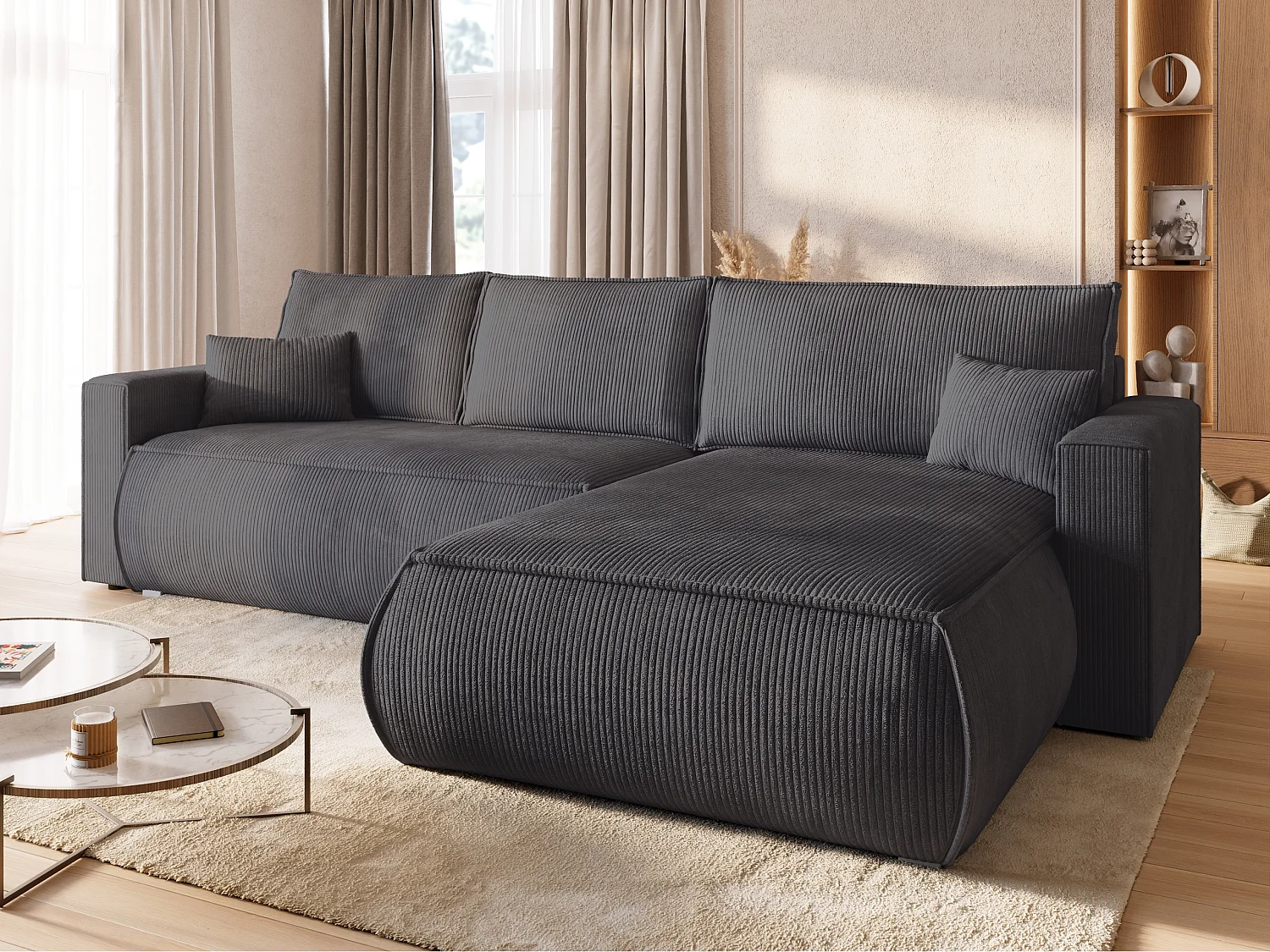 Canapé d'angle convertible, en velours côtelé HAVANA Gris