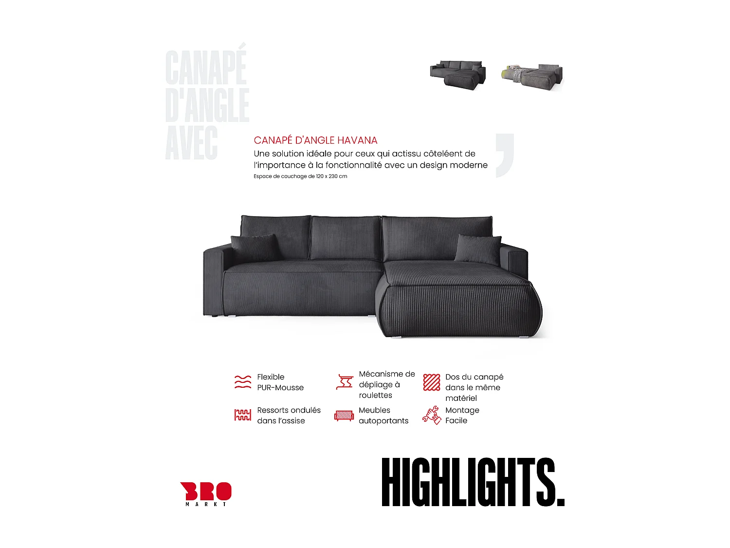 Canapé d'angle convertible, en velours côtelé HAVANA Gris