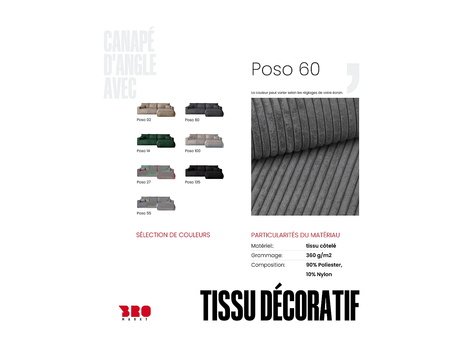 Canapé d'angle convertible, en velours côtelé HAVANA Gris