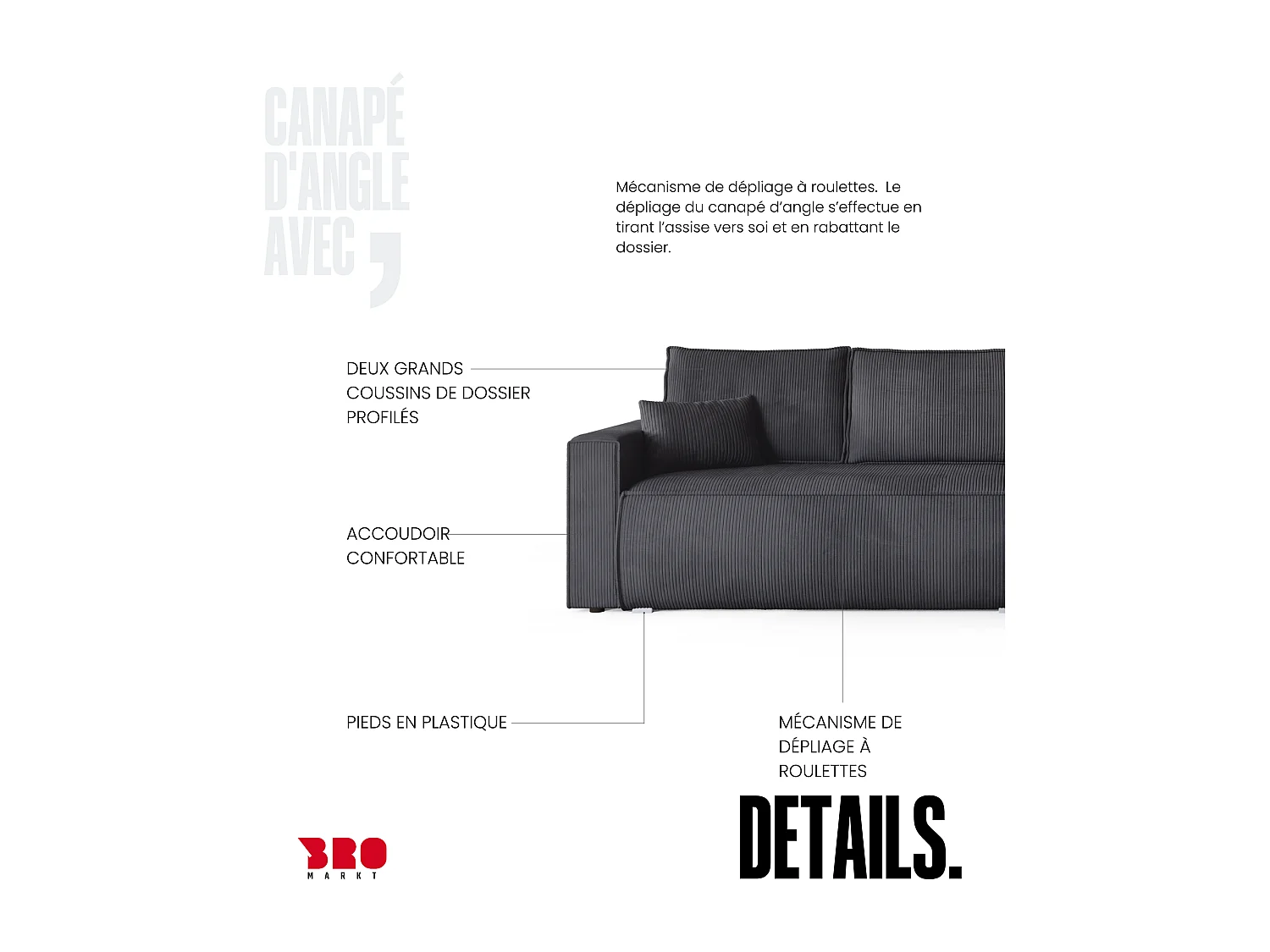 Canapé d'angle convertible, en velours côtelé HAVANA Gris