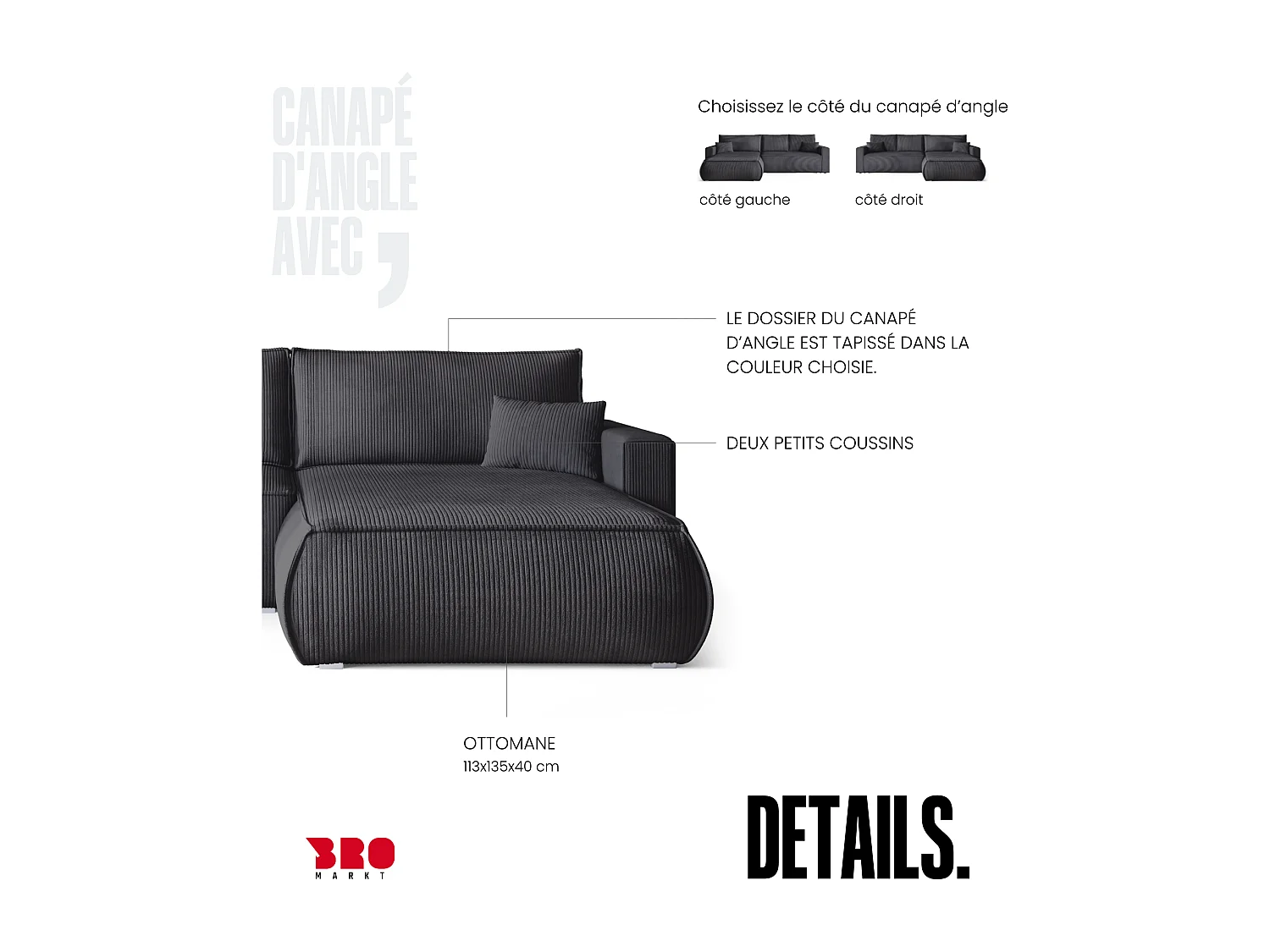 Canapé d'angle convertible, en velours côtelé HAVANA Gris