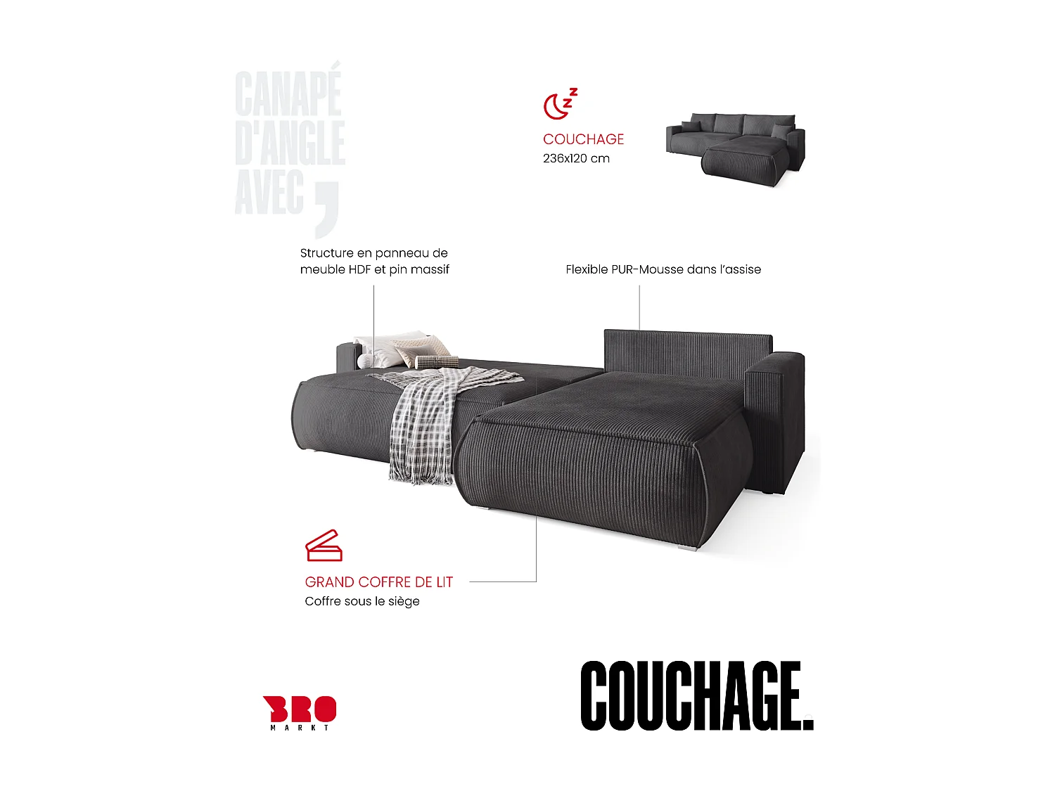 Canapé d'angle convertible, en velours côtelé HAVANA Gris