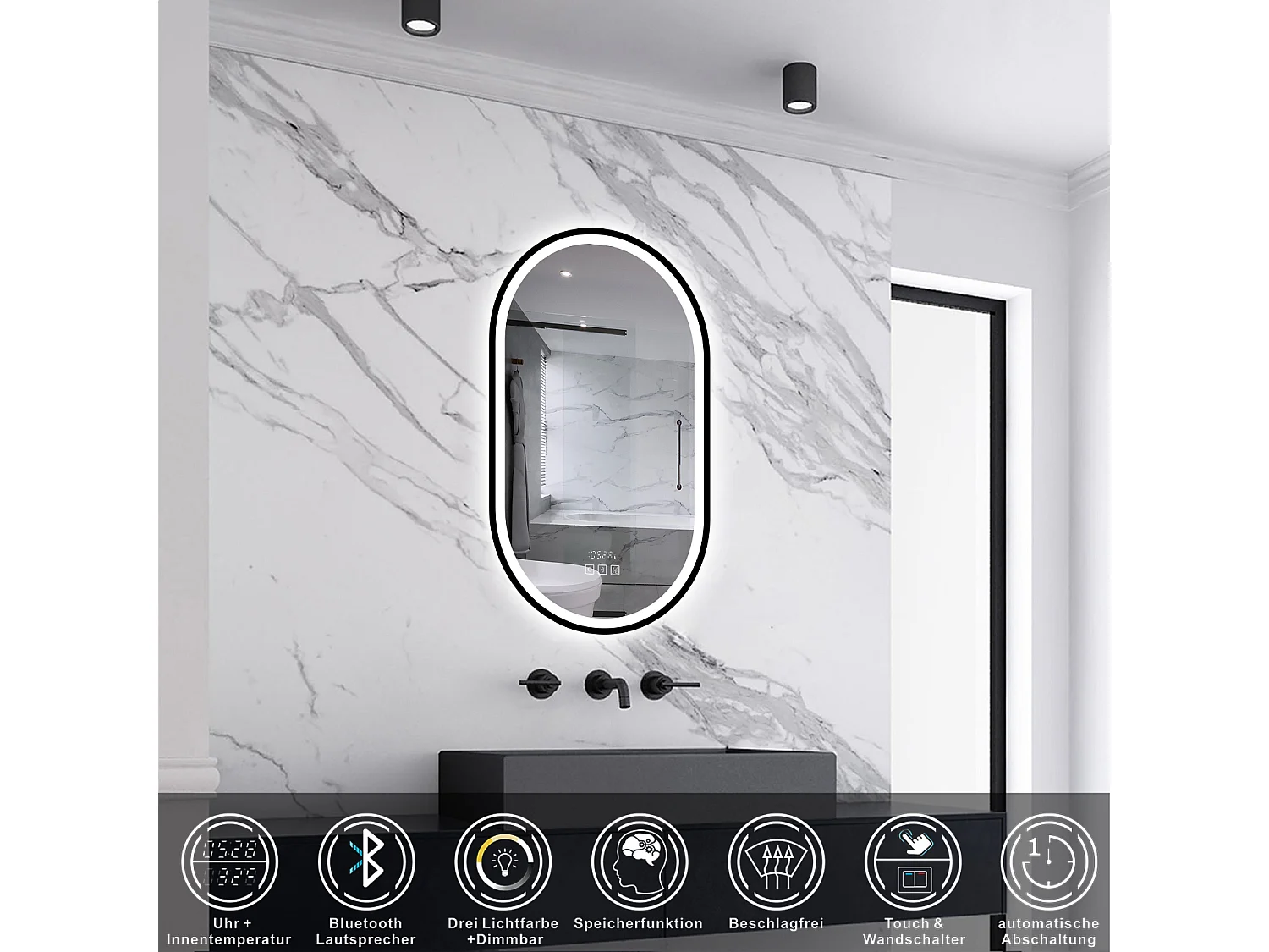 AICA LED Badspiegel Oval 50x90cm Beschlagfrei Bluetooth Uhr 3 Lichtfarbe Dimmbar - Schwarzem Rahmen