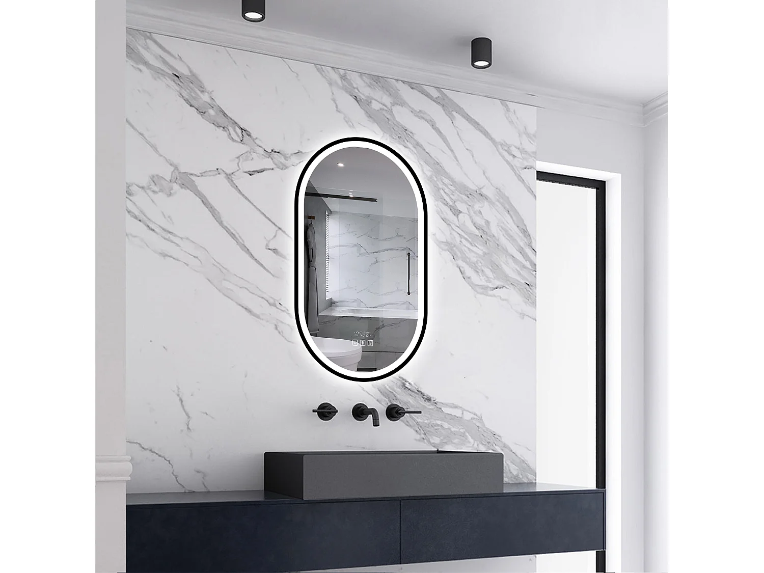 AICA LED Badspiegel Oval 50x90cm Beschlagfrei Bluetooth Uhr 3 Lichtfarbe Dimmbar - Schwarzem Rahmen