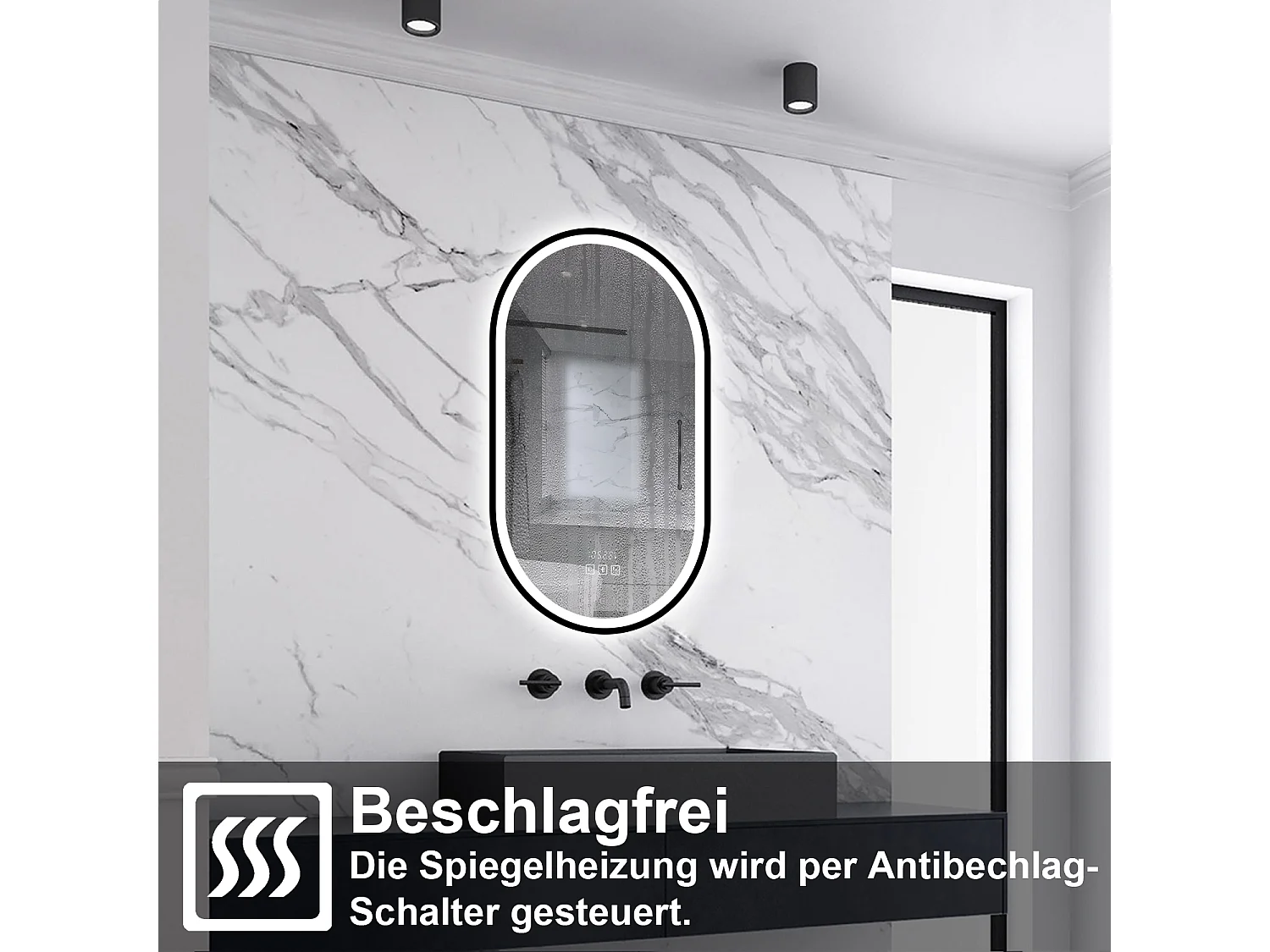 AICA LED Badspiegel Oval 50x90cm Beschlagfrei Bluetooth Uhr 3 Lichtfarbe Dimmbar - Schwarzem Rahmen