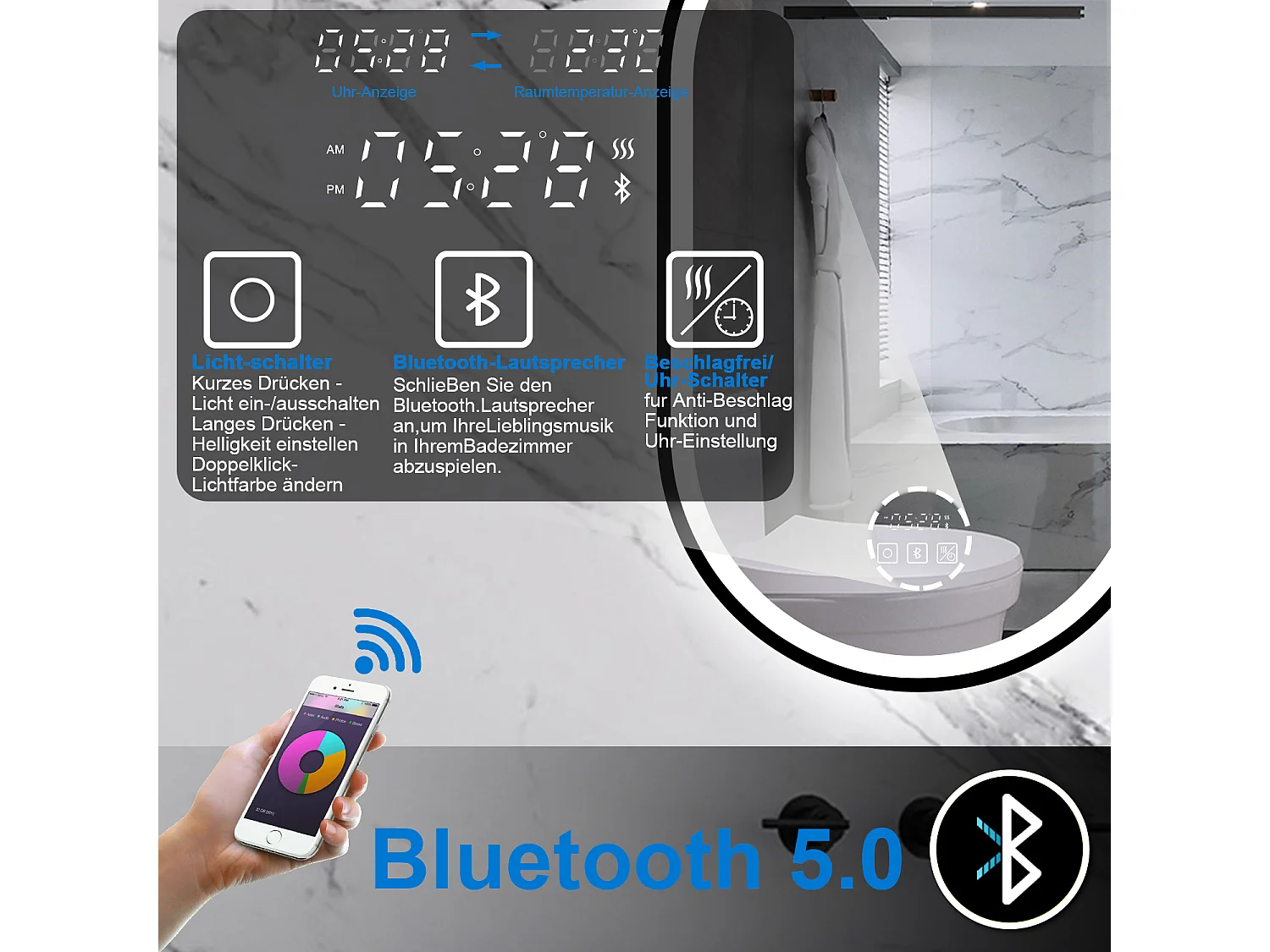 AICA LED Badspiegel Oval 50x90cm Beschlagfrei Bluetooth Uhr 3 Lichtfarbe Dimmbar - Schwarzem Rahmen