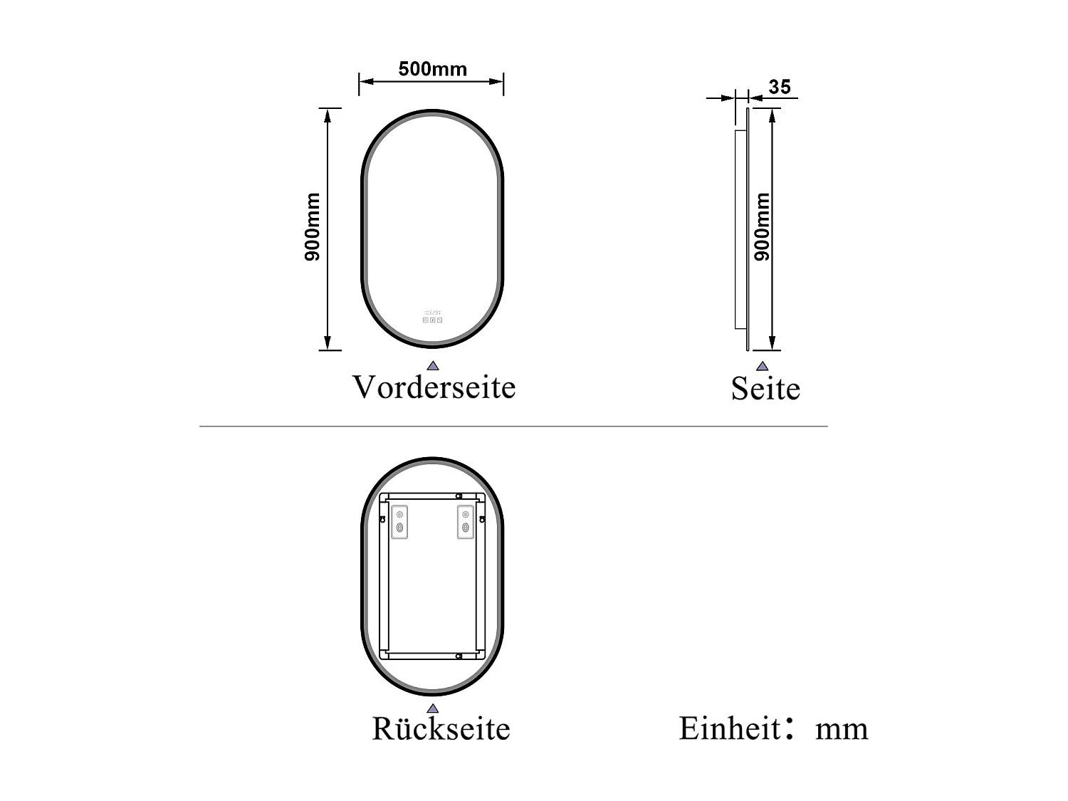 AICA LED Badspiegel Oval 50x90cm Beschlagfrei Bluetooth Uhr 3 Lichtfarbe Dimmbar - Schwarzem Rahmen
