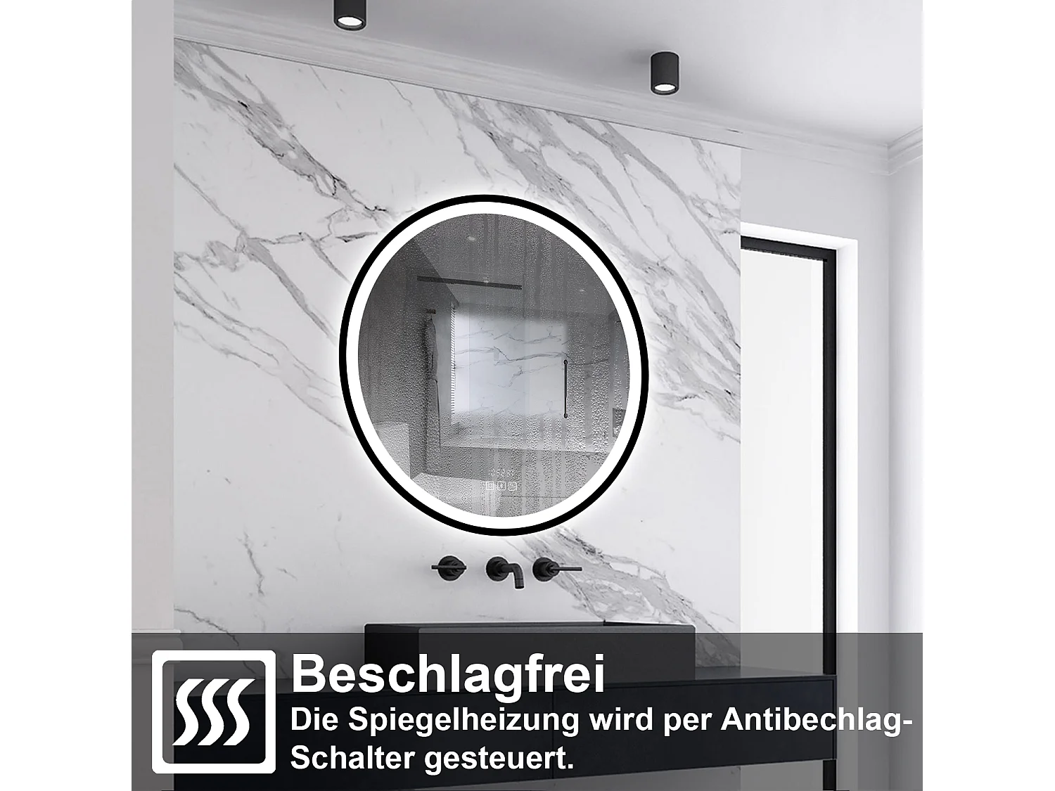 AICA LED Badspiegel Rund 50cm Beschlagfrei Bluetooth Uhr 3 Lichtfarbe Dimmbar - Schwarzem Rahmen