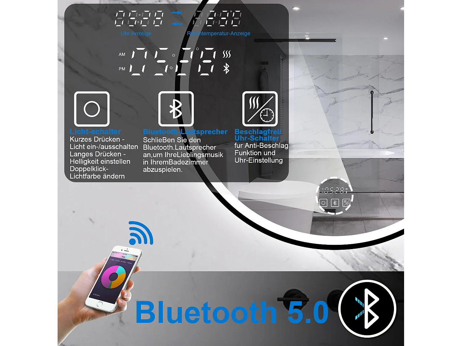 AICA LED Badspiegel Rund 50cm Beschlagfrei Bluetooth Uhr 3 Lichtfarbe Dimmbar - Schwarzem Rahmen