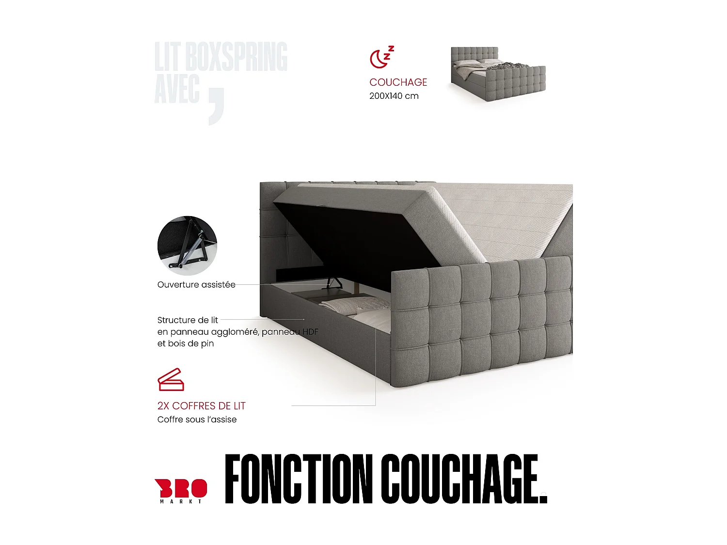 Boxspringbed met hoofdeinde, matras en dekmatras - DETROIT DUO - 140x200 - grijs