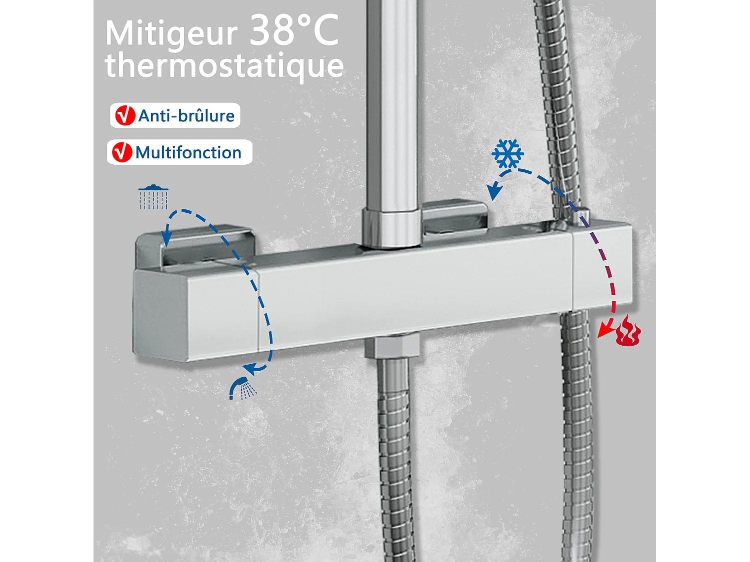 AICA Colonne de Douche Thermostatique 38°C Ensemble de Douche avec Pomme haute 30cm+Douchette 3 Jets Hauteur Réglable 72-125 cm Laiton & Acier Inox