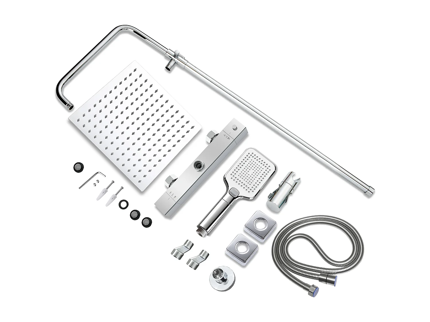 AICA Colonne de Douche Thermostatique 38°C Ensemble de Douche avec Pomme haute 30cm+Douchette 3 Jets Hauteur Réglable 72-125 cm Laiton & Acier Inox