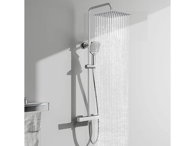 AICA Colonne de Douche Thermostatique 38°C Ensemble de Douche avec Pomme haute 30cm+Douchette 3 Jets Hauteur Réglable 72-125 cm Laiton & Acier Inox
