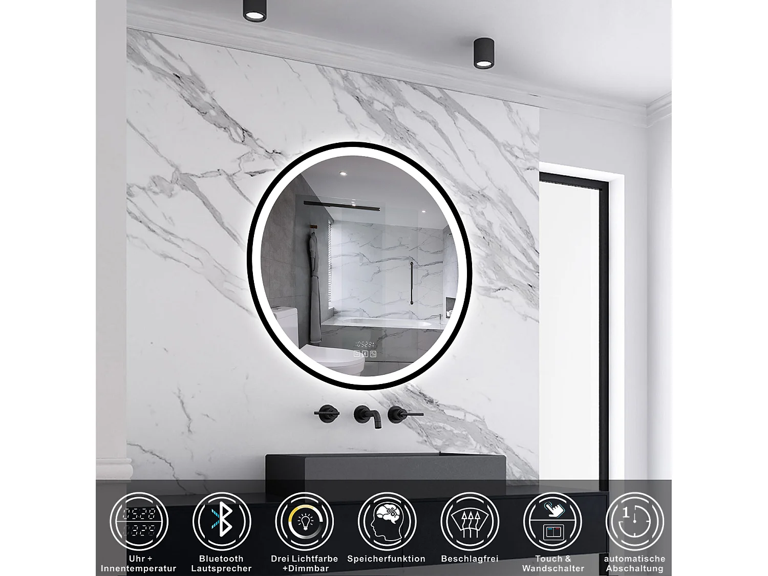 AICA LED Badspiegel Rund 80cm Beschlagfrei Bluetooth Uhr 3 Lichtfarbe Dimmbar - Schwarzem Rahmen