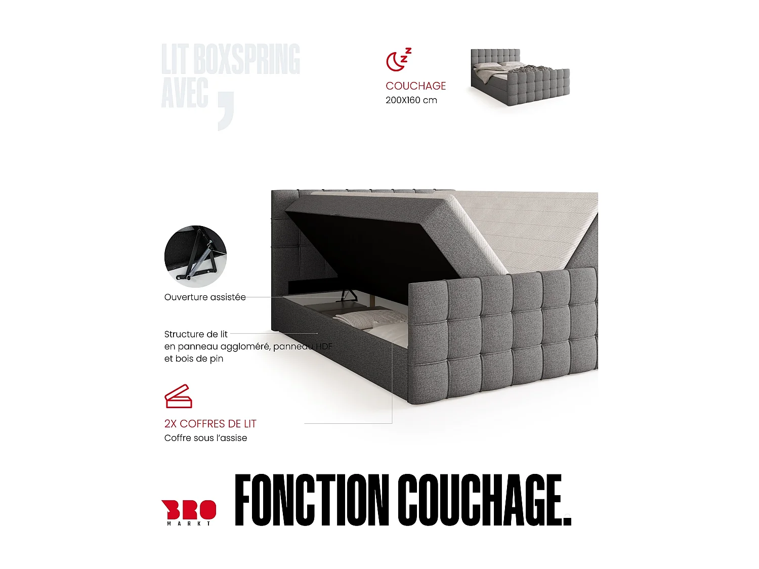 Lit boxspring avec rangement DETROIT DUO - matelas - surmatelas - gris clair - 160x200 cm