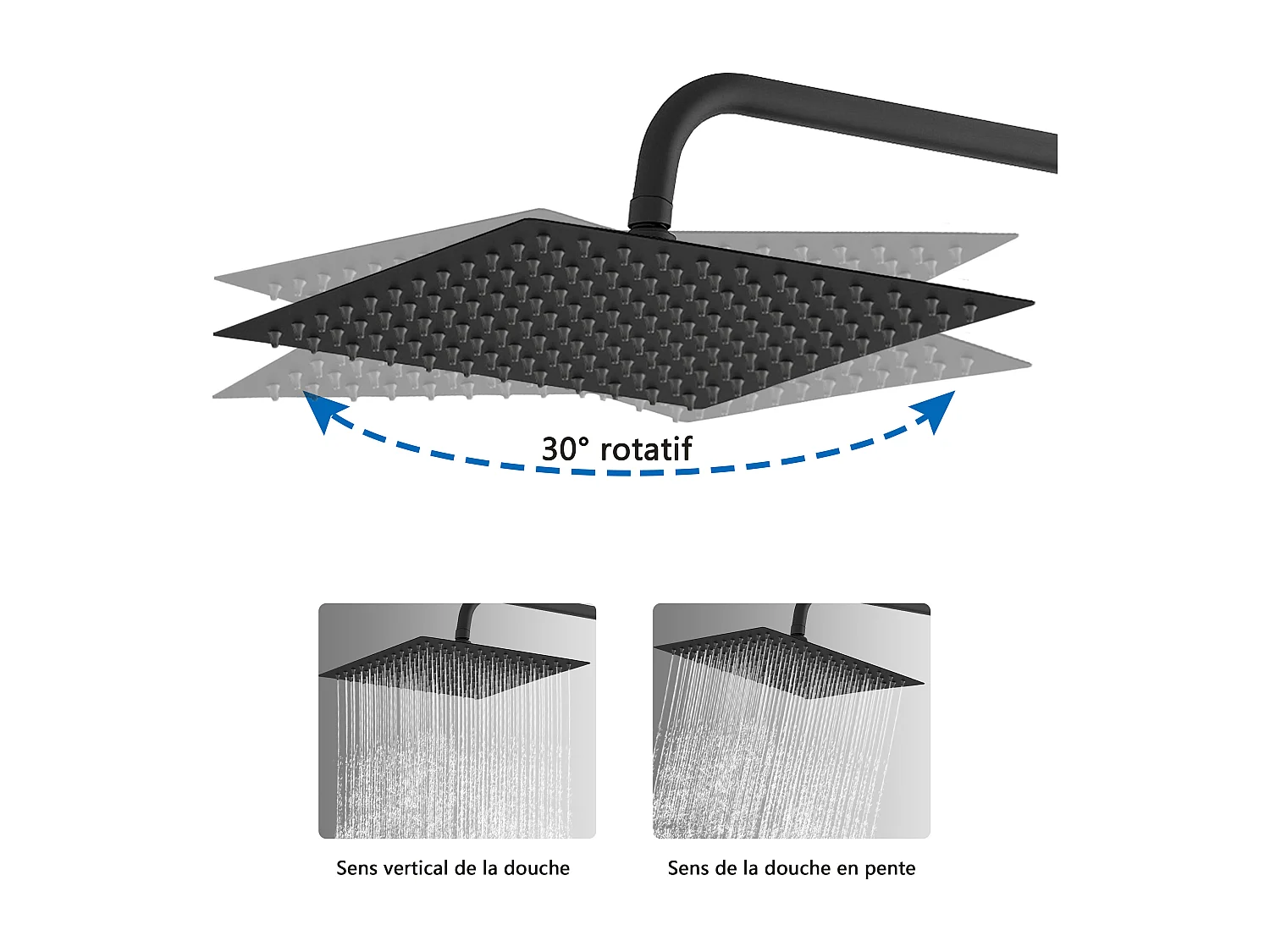 AICA Colonne de douche noir Ensemble de douche thermostatique Carré 30*30 cm Pommeau douche 3 jets Hauteur 72-125 cm