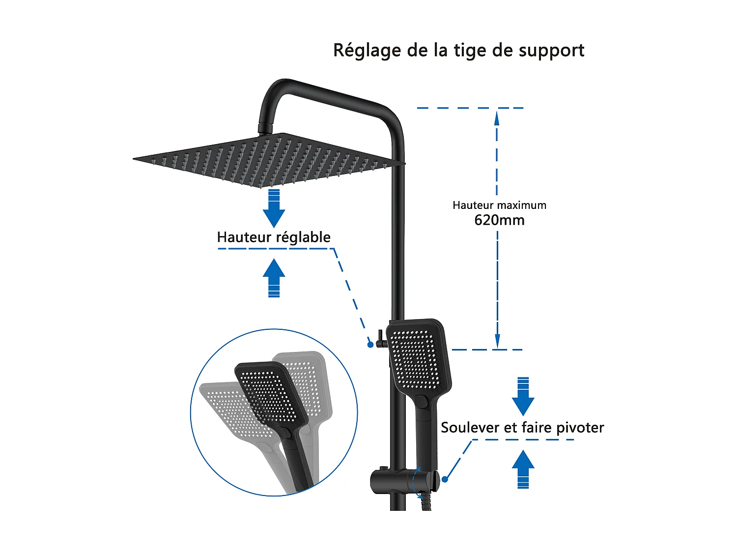 AICA Colonne de douche noir Ensemble de douche thermostatique Carré 30*30 cm Pommeau douche 3 jets Hauteur 72-125 cm