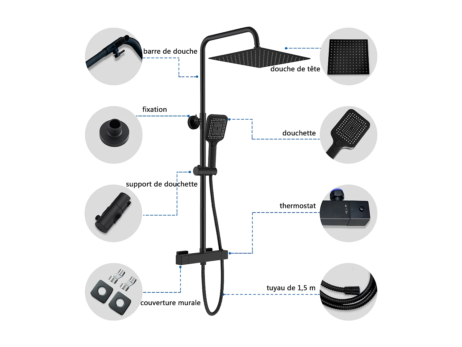 AICA Colonne de douche noir Ensemble de douche thermostatique Carré 30*30 cm Pommeau douche 3 jets Hauteur 72-125 cm