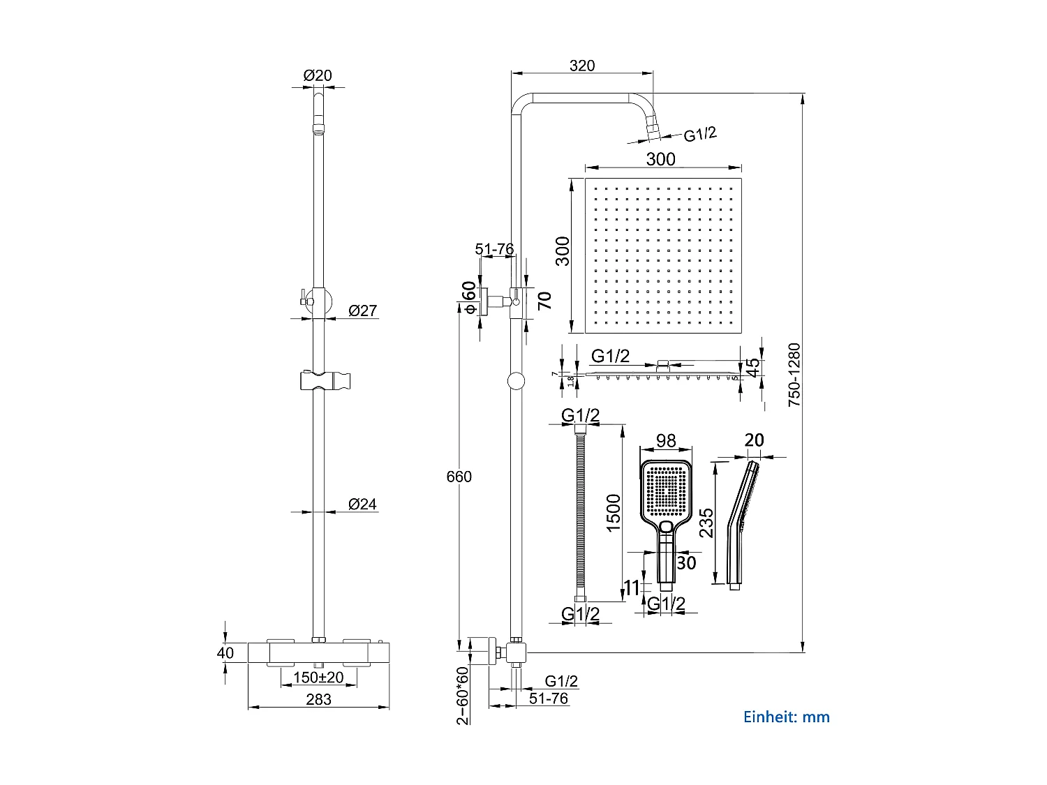 AICA Colonne de douche noir Ensemble de douche thermostatique Carré 30*30 cm Pommeau douche 3 jets Hauteur 72-125 cm