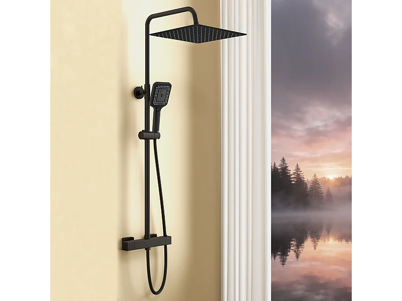 AICA Colonne de douche noir Ensemble de douche thermostatique Carré 30*30 cm Pommeau douche 3 jets Hauteur 72-125 cm