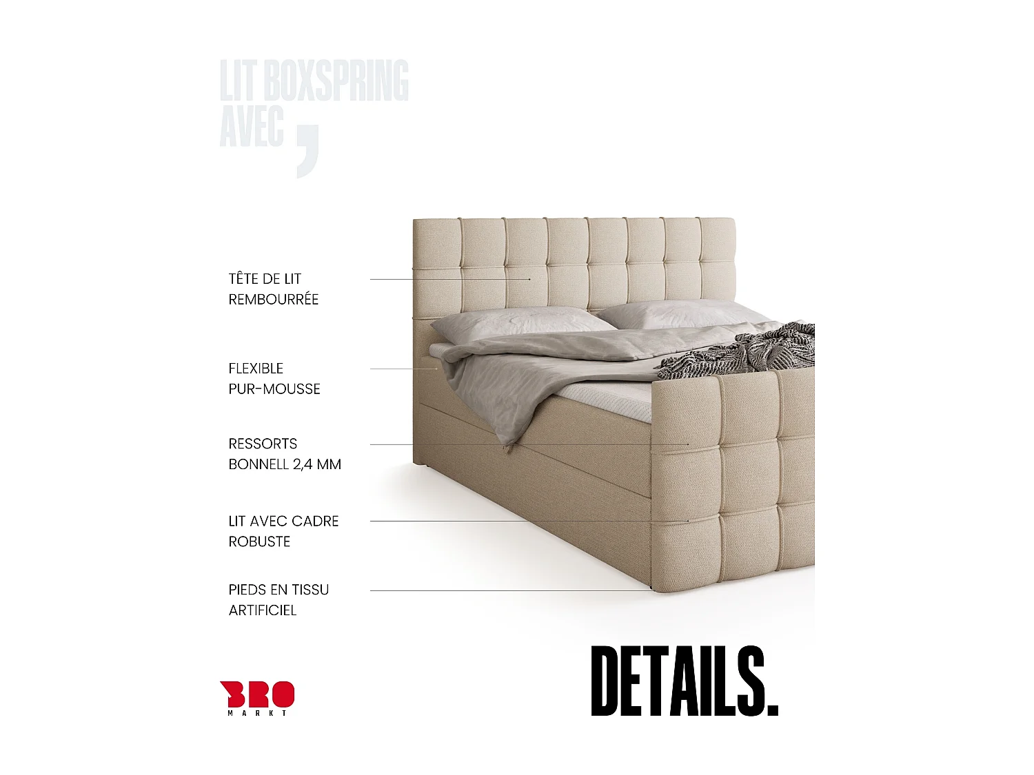 Lit boxspring avec rangement DETROIT DUO - matelas - surmatelas - beige - 160x200 cm