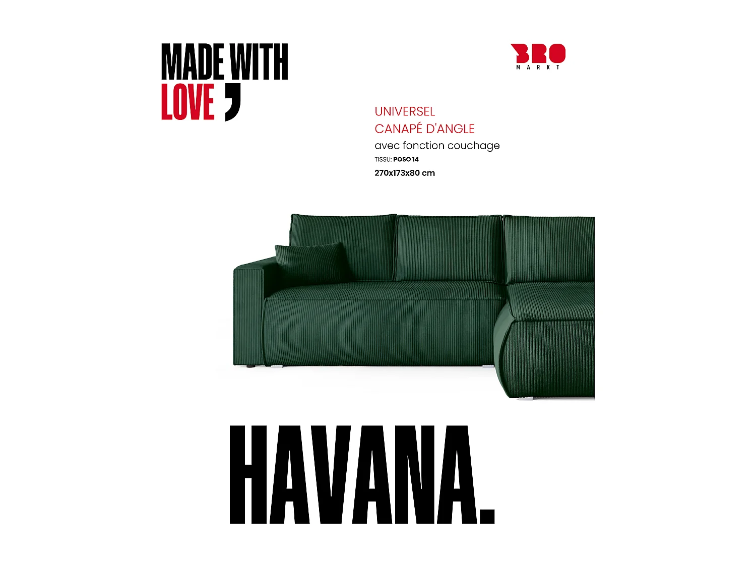 Canapé d'angle convertible, en velours côtelé HAVANA Vert