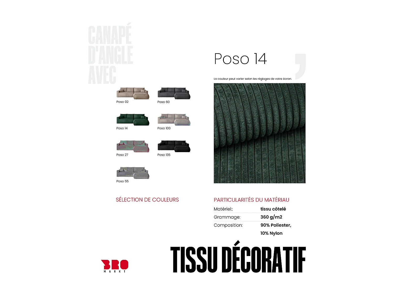 Canapé d'angle convertible, en velours côtelé HAVANA Vert