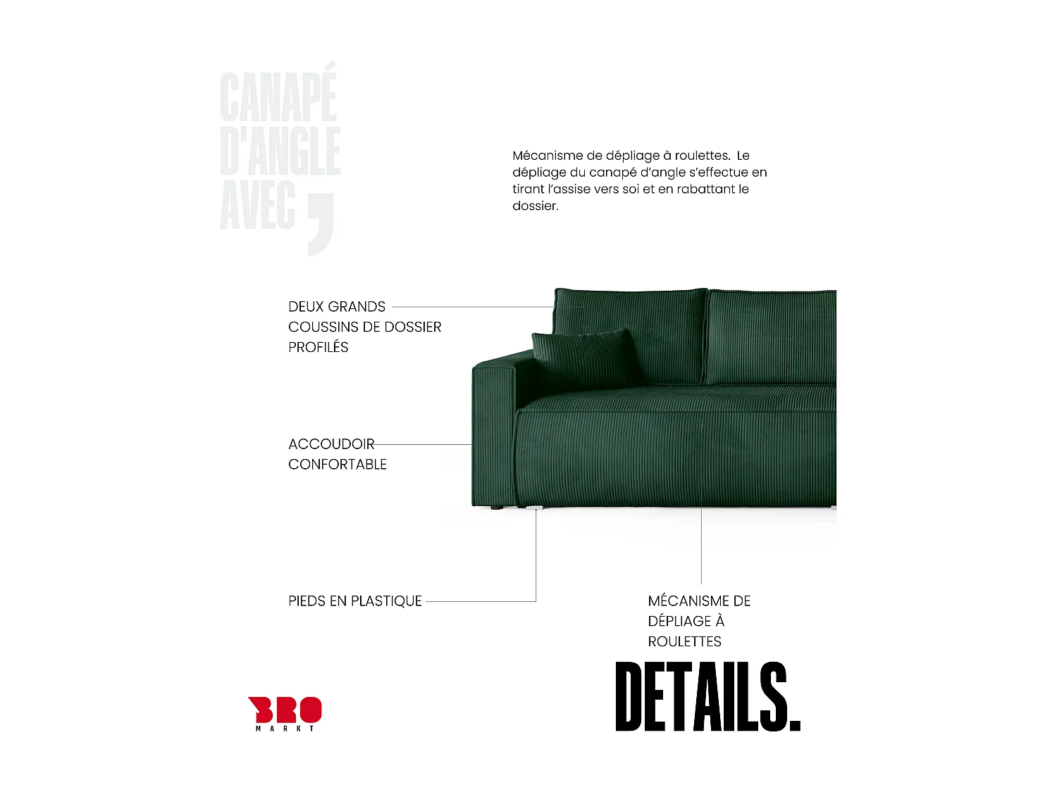 Canapé d'angle convertible, en velours côtelé HAVANA Vert