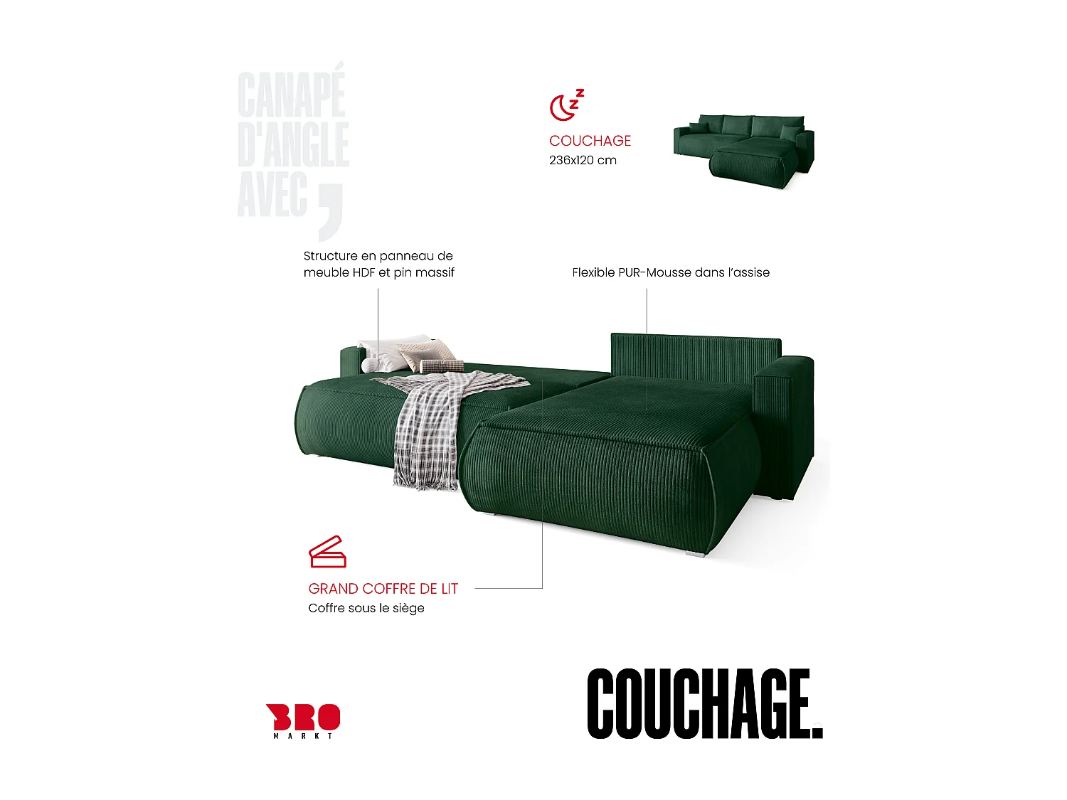 Canapé d'angle convertible, en velours côtelé HAVANA Vert