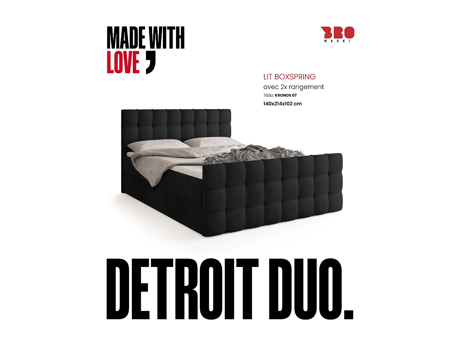 Lit boxspring avec rangement DETROIT DUO - matelas - surmatelas - noir - 140x200 cm