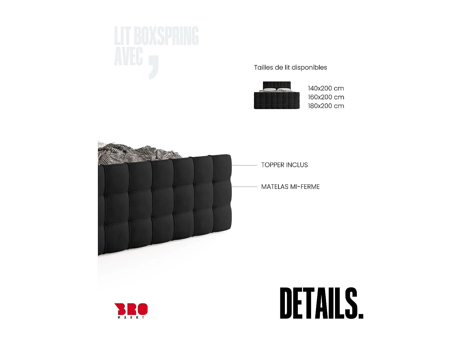 Lit boxspring avec rangement DETROIT DUO - matelas - surmatelas - noir - 140x200 cm