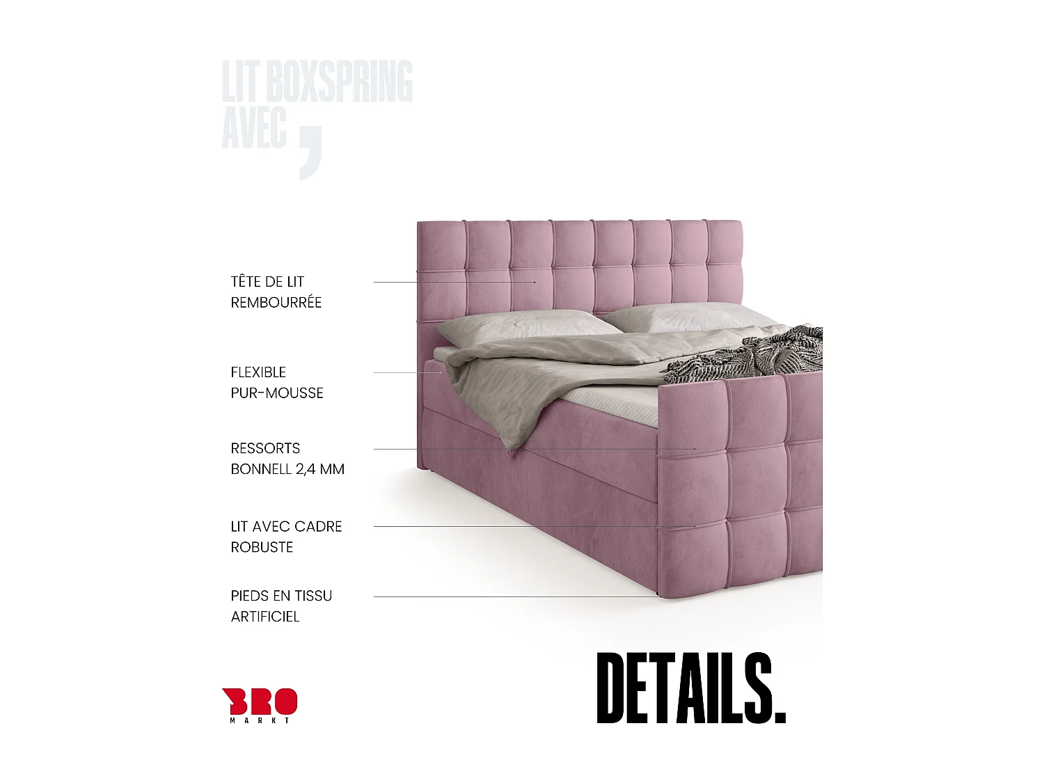 Lit boxspring avec rangement DETROIT DUO - matelas - surmatelas - rose poudré - 140x200 cm