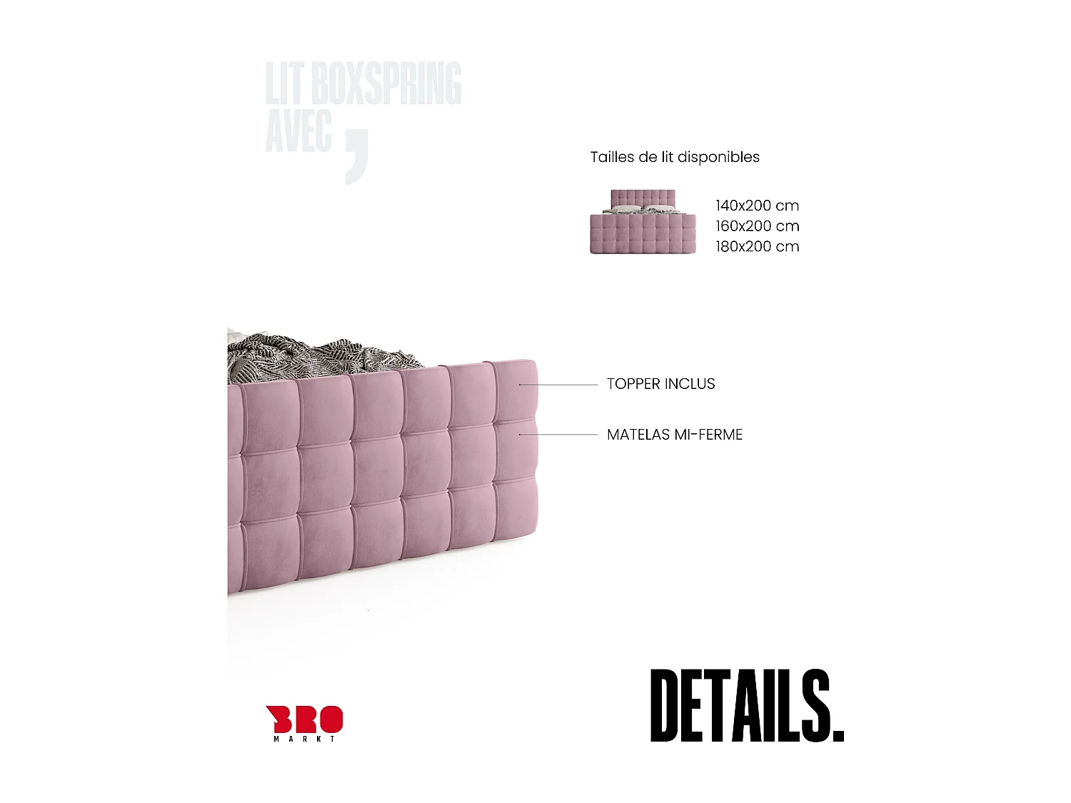 Lit boxspring avec rangement DETROIT DUO - matelas - surmatelas - rose poudré - 140x200 cm