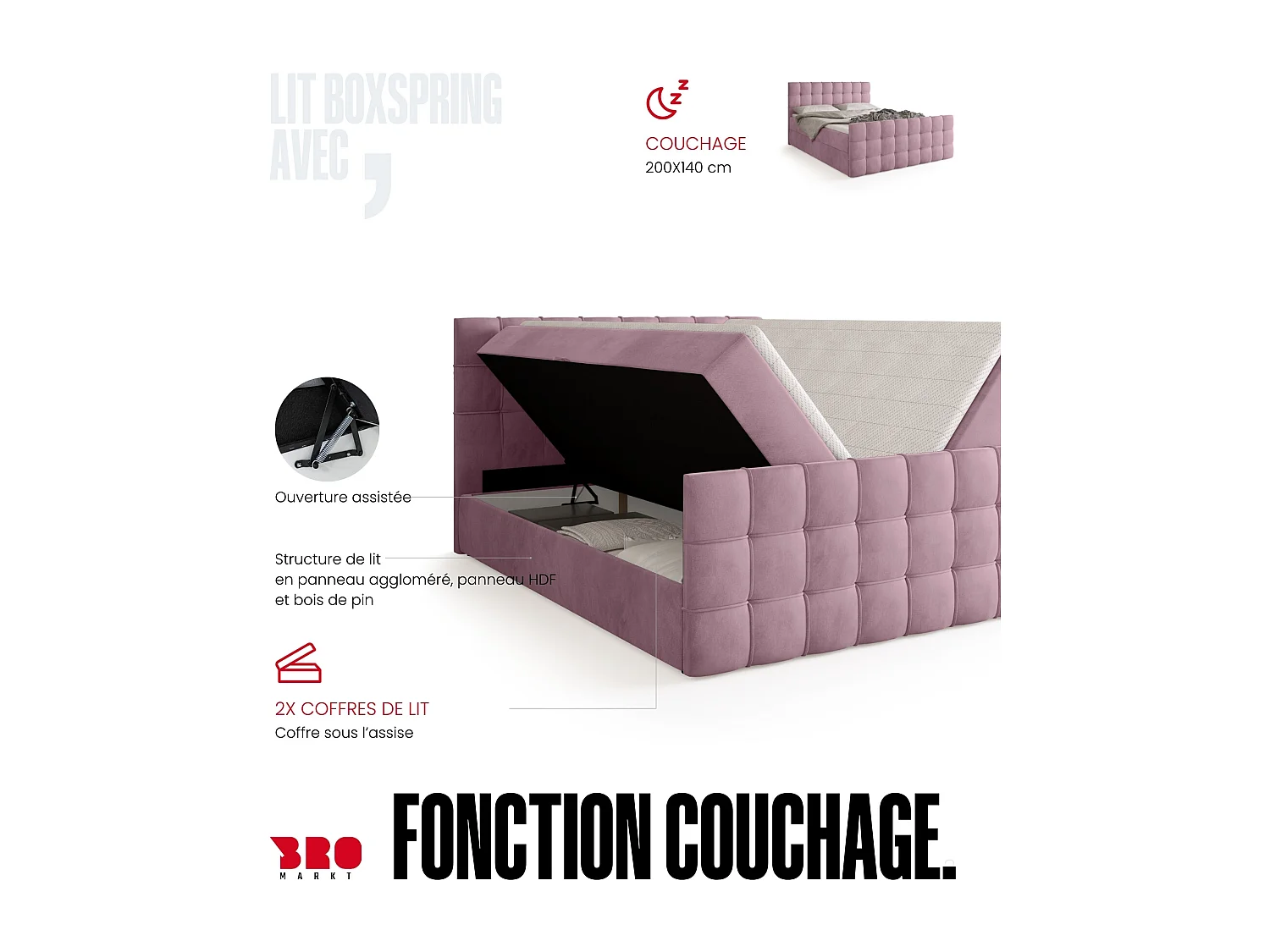 Lit boxspring avec rangement DETROIT DUO - matelas - surmatelas - rose poudré - 140x200 cm