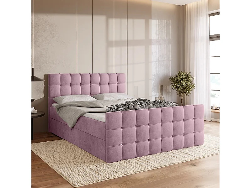 Lit boxspring avec rangement DETROIT DUO - matelas - surmatelas - rose poudré - 140x200 cm