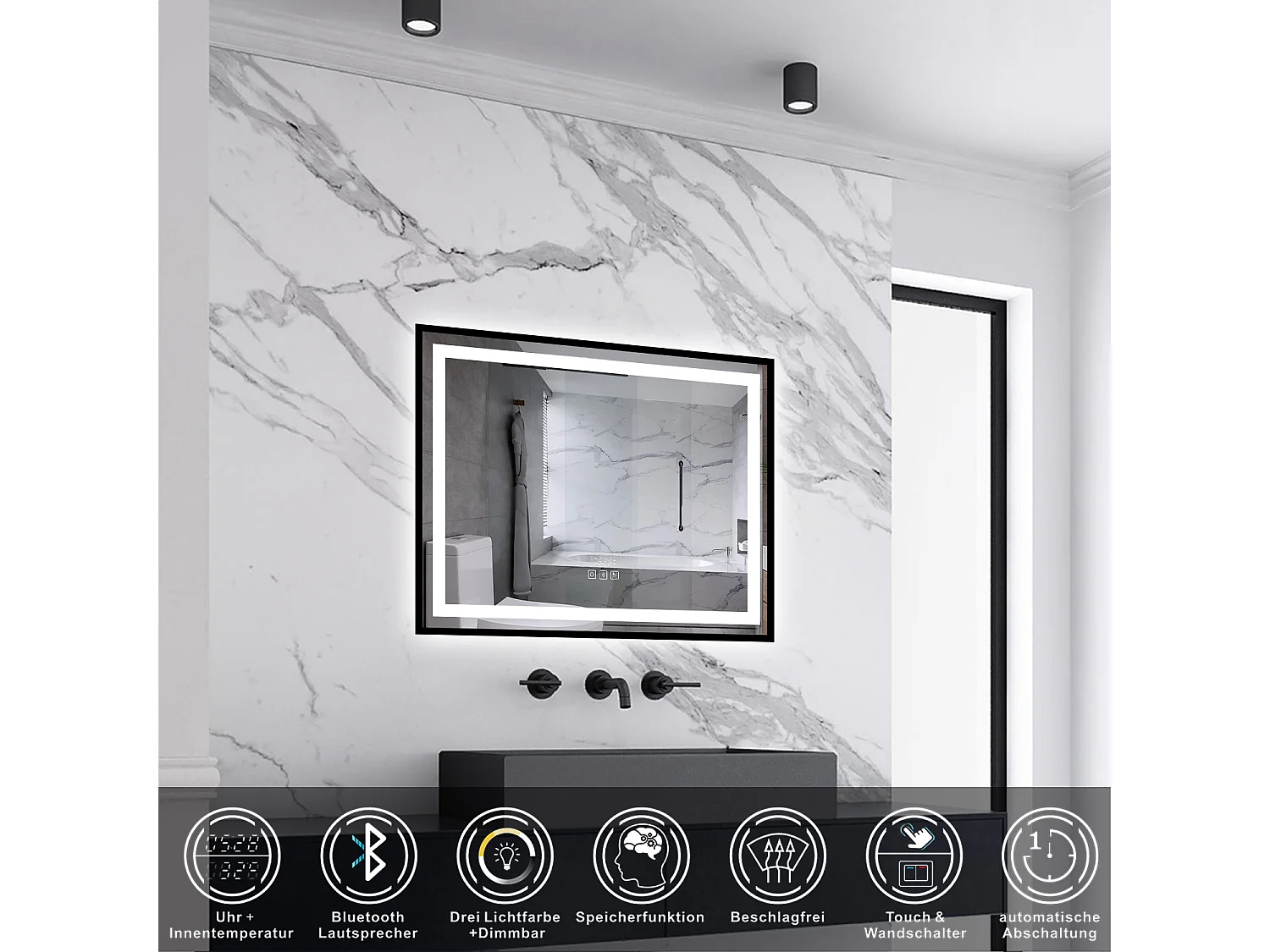 AICA LED Badspiegel Rechteck 80x60cm Beschlagfrei Bluetooth Uhr 3 Lichtfarbe Dimmbar - Schwarzem Rahmen