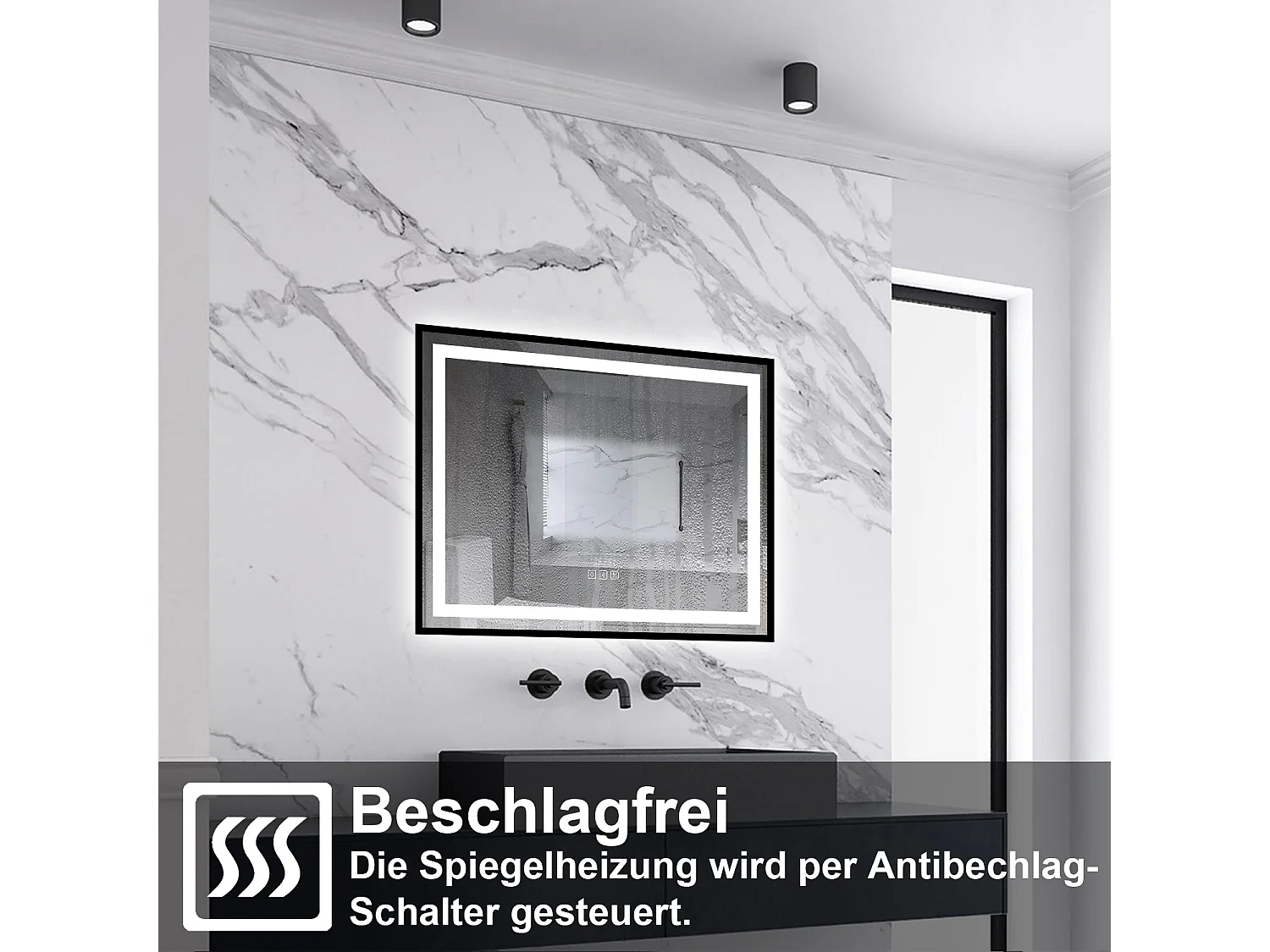 AICA LED Badspiegel Rechteck 80x60cm Beschlagfrei Bluetooth Uhr 3 Lichtfarbe Dimmbar - Schwarzem Rahmen