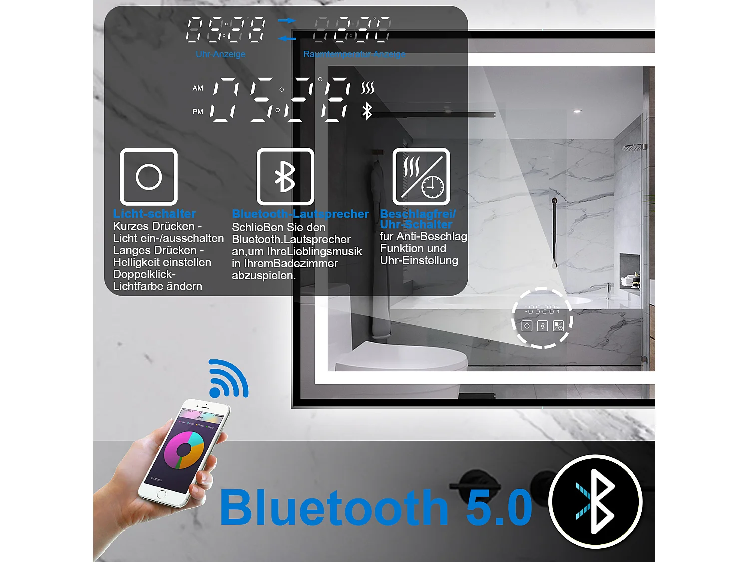 AICA LED Badspiegel Rechteck 80x60cm Beschlagfrei Bluetooth Uhr 3 Lichtfarbe Dimmbar - Schwarzem Rahmen