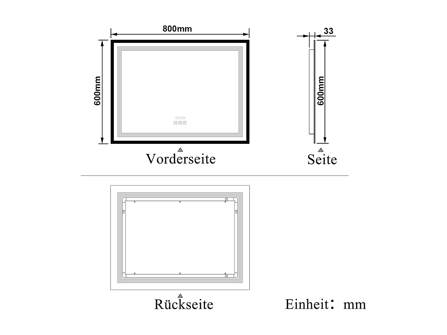 AICA LED Badspiegel Rechteck 80x60cm Beschlagfrei Bluetooth Uhr 3 Lichtfarbe Dimmbar - Schwarzem Rahmen