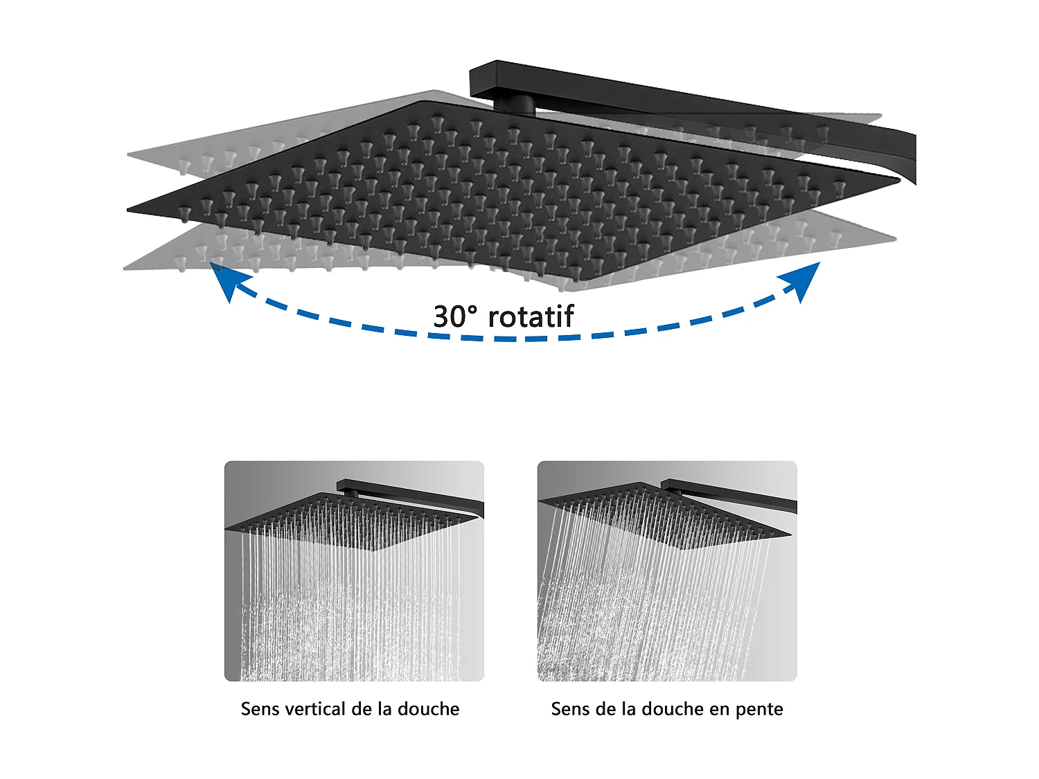 AICA Colonne de douche noir Ensemble de douche thermostatique Carré 30*30 cm Pommeau douche 3 jets Hauteur 73-115 cm